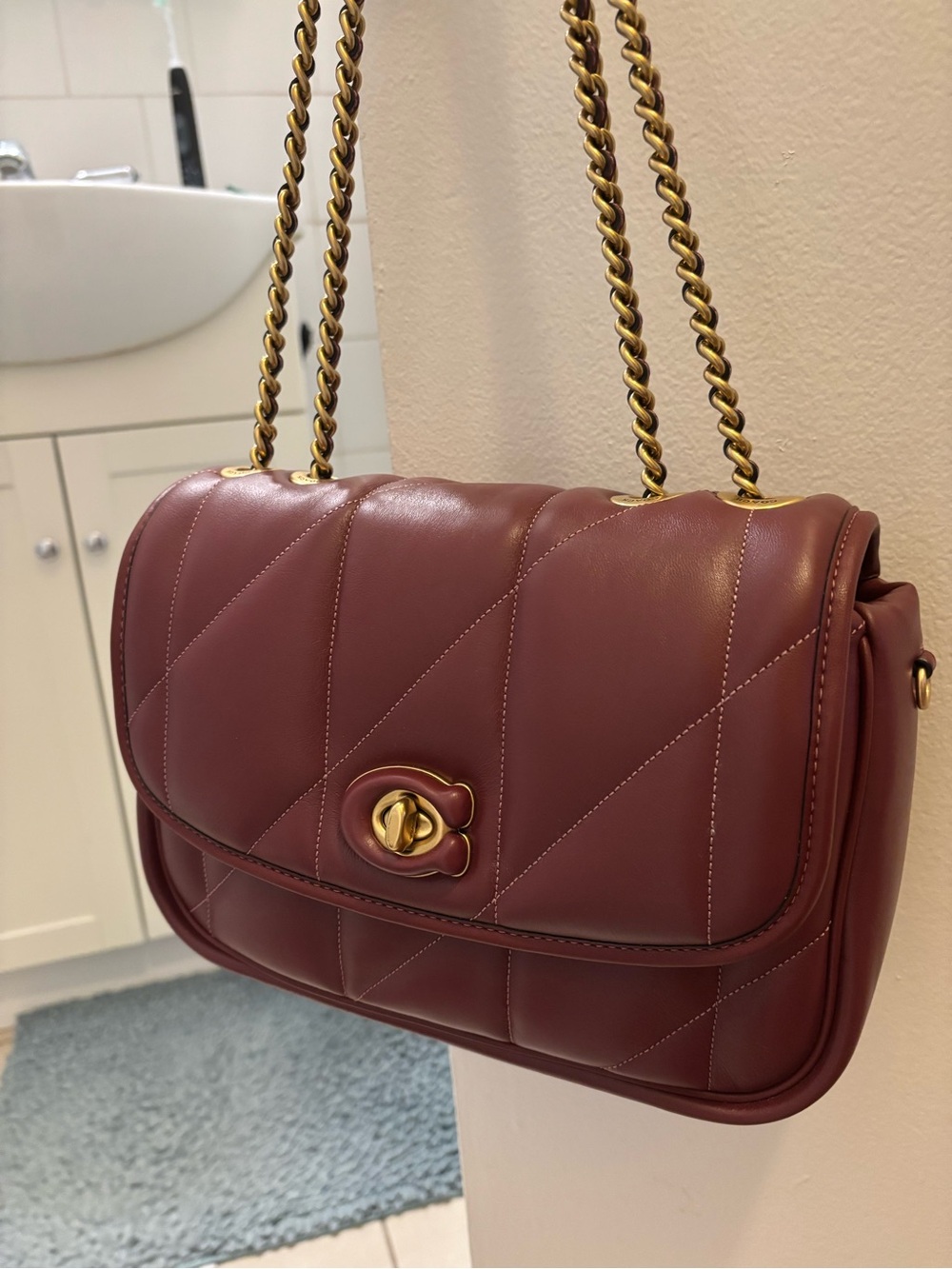 Coach Quilted Shoulder Bag in Burgundy with Gold Hardware - Picture 3 of 6